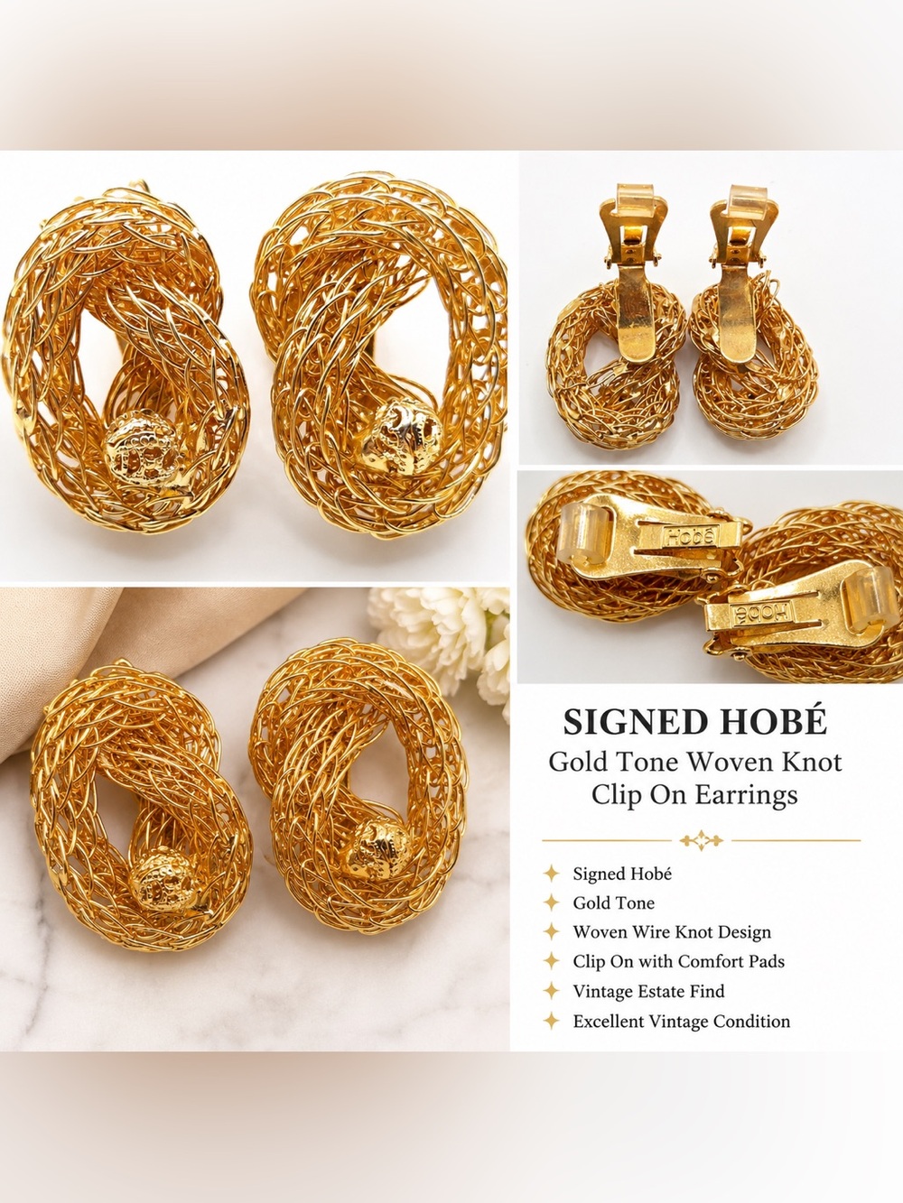 Vintage Signed HOBE Gold-Tone Woven Wire Knot Clip-On Earrings